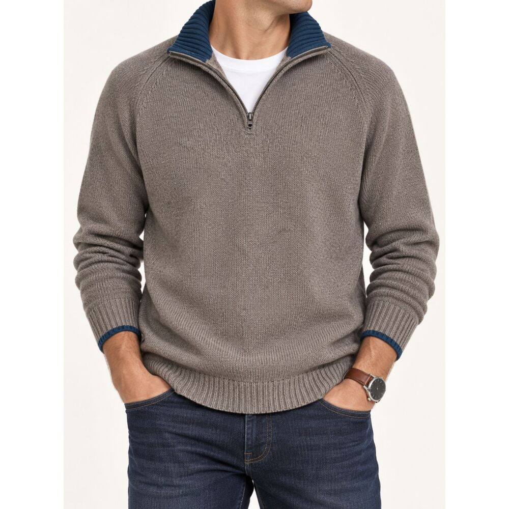 Columbia Mens XL Quarter Zip Sweater 100% Cotton Gray Blue Ribbed Outdoor Knit